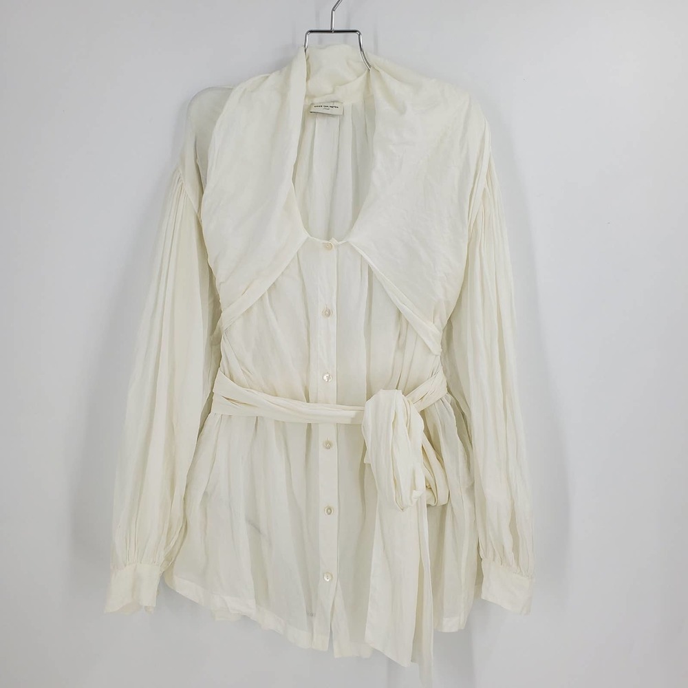DRIES VAN NOTEN womens S white long sleeve button down wrap sash blouse
